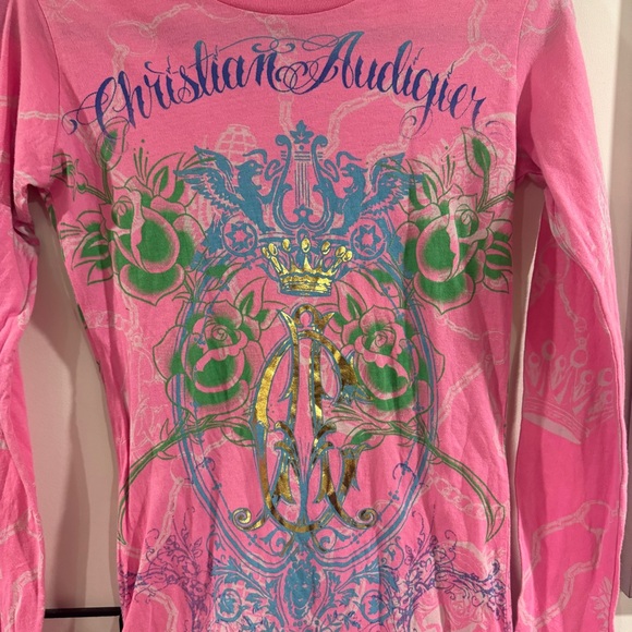 Y2K Christian Audigier Pink Graphic Long Sleeve Tee - size M - Picture 3 of 16